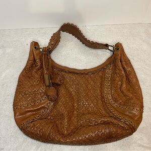 Isabella Fiore Boho purse woven handbag 16x13” gold grommets leather